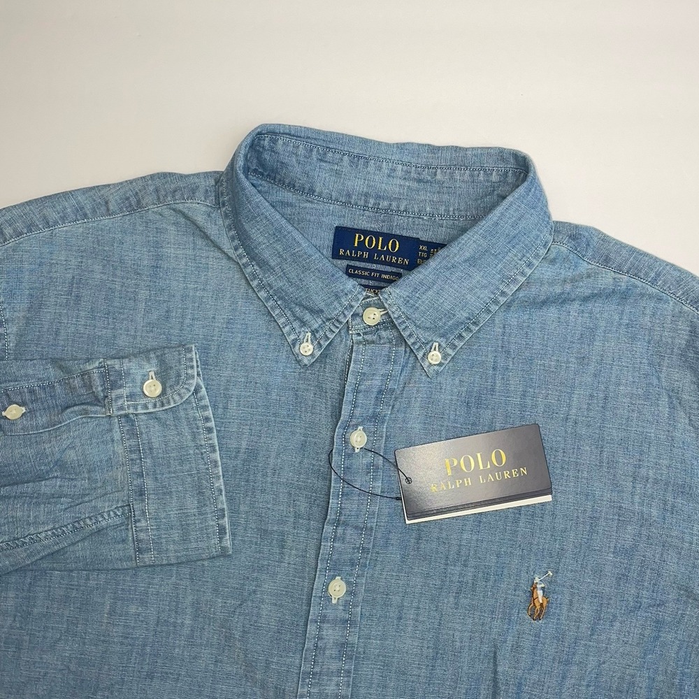 NEW Polo Ralph Lauren Chambray Shirt Men XXL Classic Fit Indigo RL Untucked Fit
